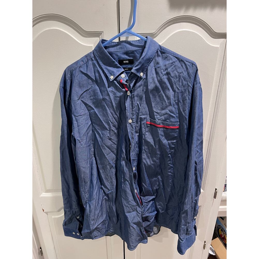 Hugo Boss Men’s Slim Fit Button Up Shirt Blue Chambray 2XL Red Trim